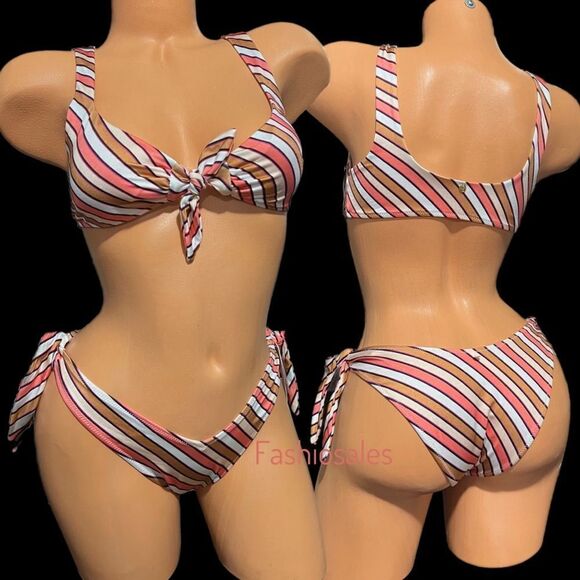 Victoria’s Secret Swim Tie-front Bralette Bikini Top & Bottom Set Warm stripes - Picture 4 of 9